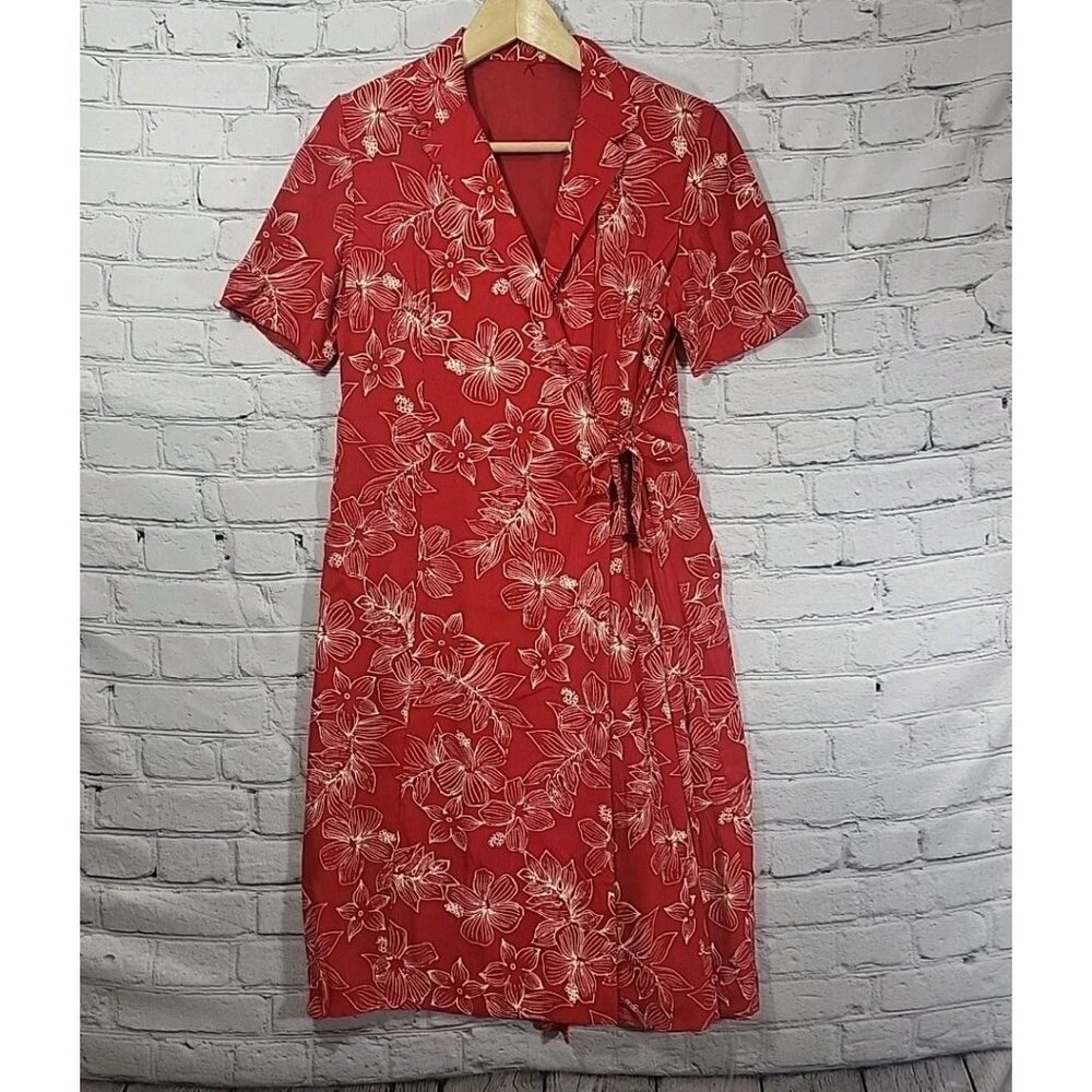 80s Handmade Hawaiian Shirt Wrap Dress Womens L Red Floral Side-Tie Island Wear